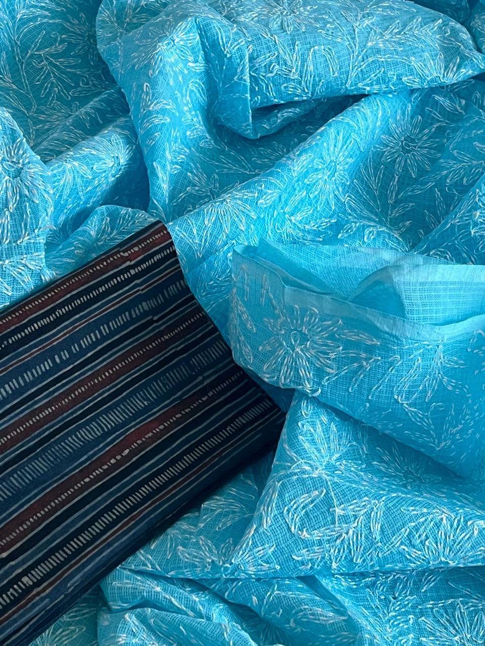 Lucknow Kota Doria Cotton Saree with Hand Tepchi Embroidery and Ajrakh blouse - Sky Blue