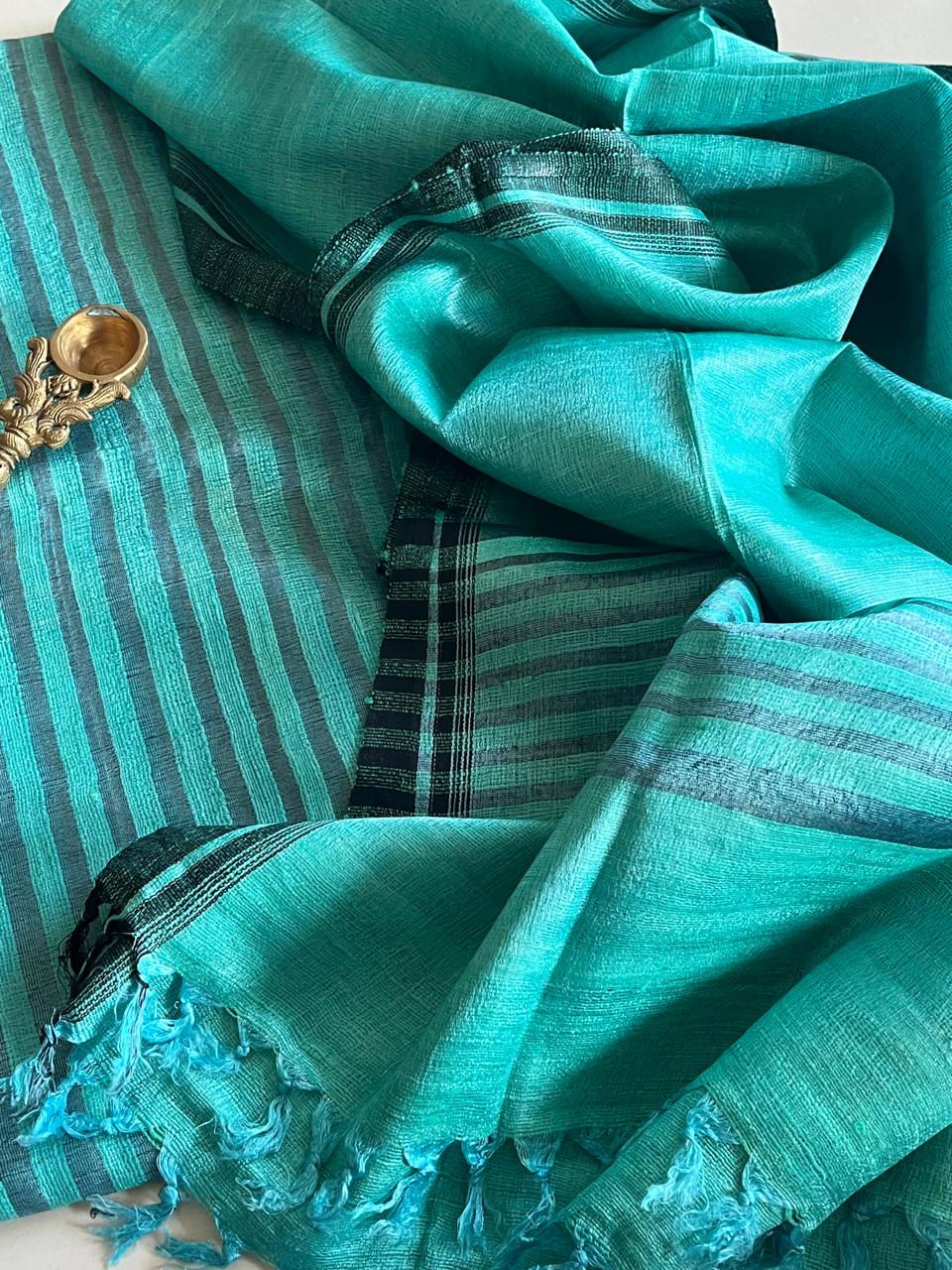 Pure Tussar Geecha Silk Striped Handwoven Suits - Blue