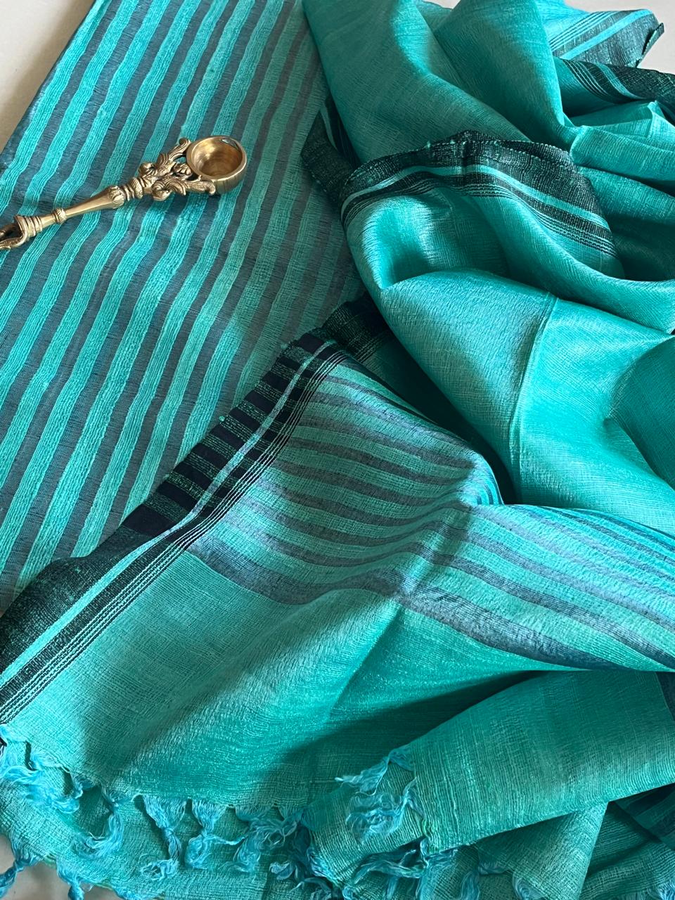 Pure Tussar Geecha Silk Striped Handwoven Suits - Blue