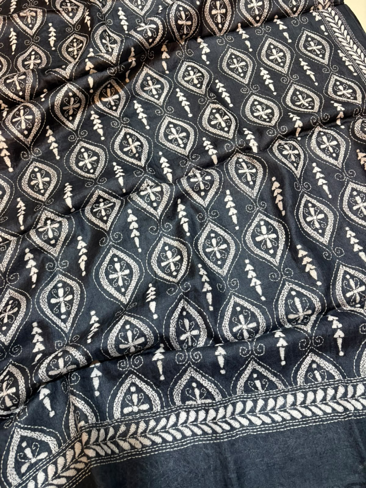 Image of Pure Tussar Silk Handwoven Dupatta with intricate Hand Kantha Embroidery - Charcoal Black