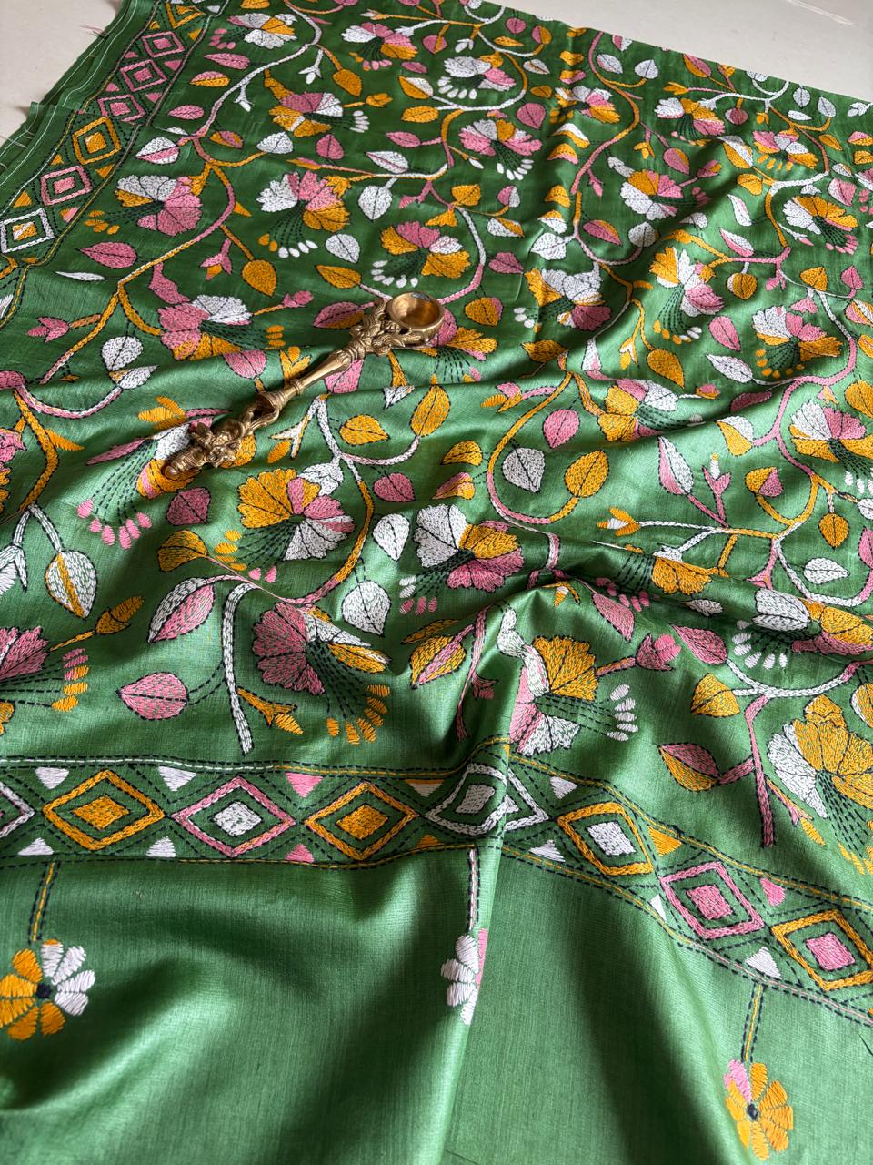 Pure Tussar Silk Handwoven Dupatta with intricate Hand Kantha Embroidery - Green