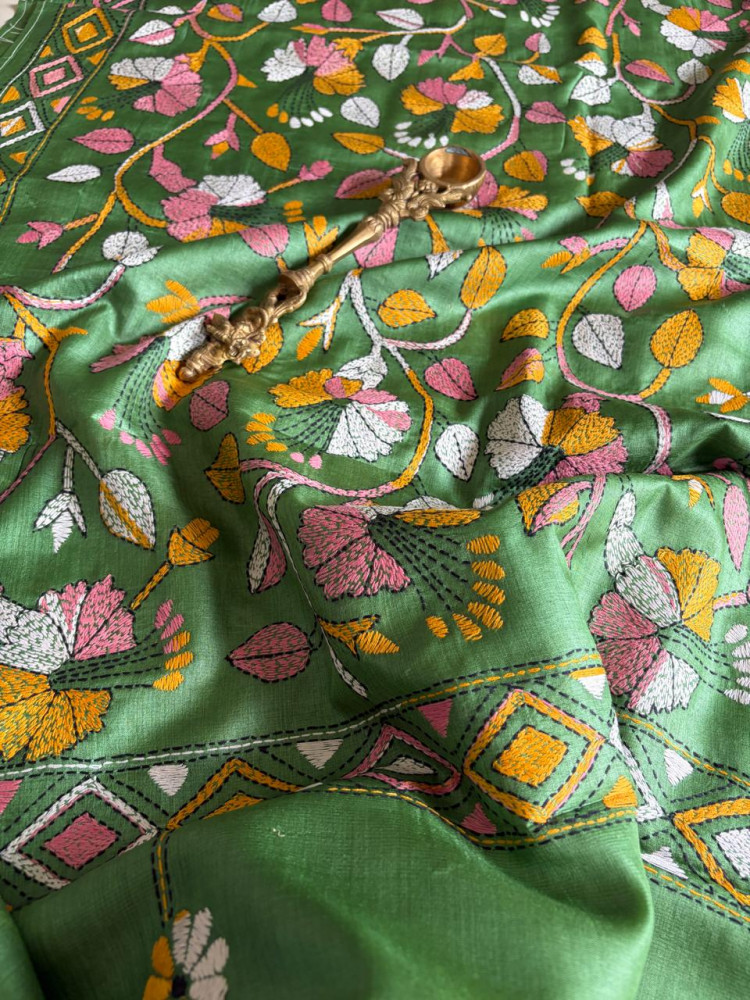 Image of Pure Tussar Silk Handwoven Dupatta with intricate Hand Kantha Embroidery - Green