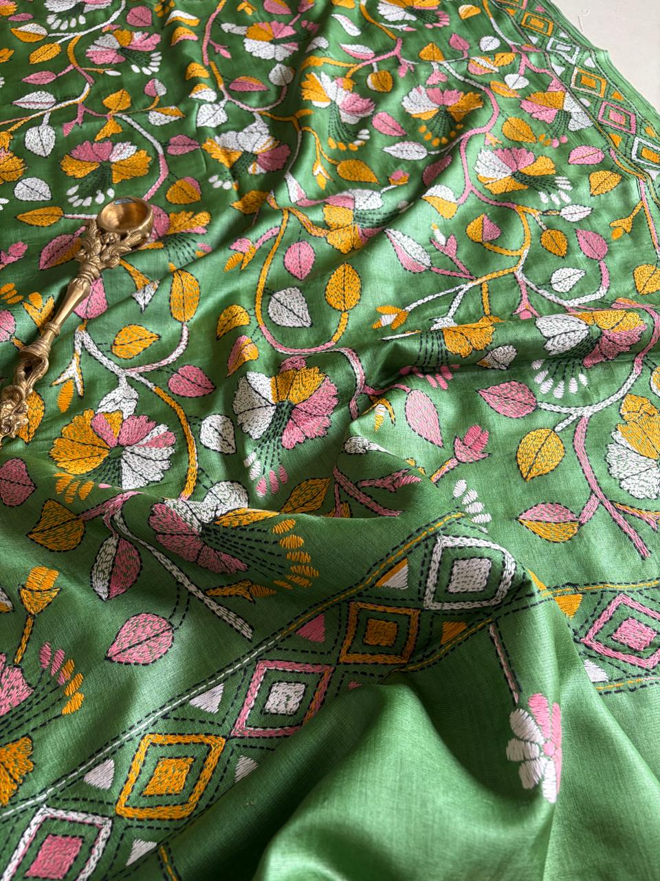 Pure Tussar Silk Handwoven Dupatta with intricate Hand Kantha Embroidery - Green