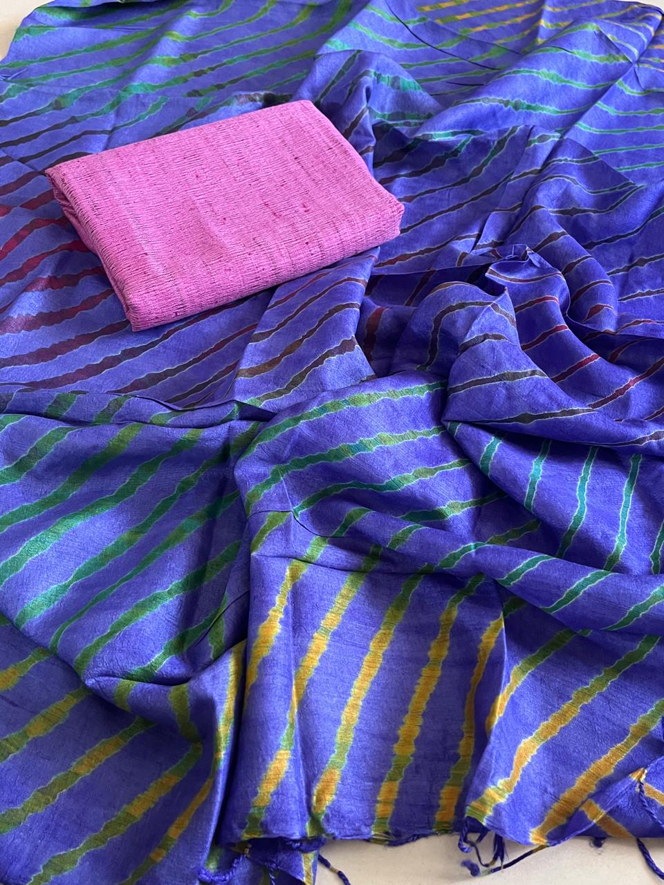 Pure Tussar Silk Soft Leheriya Dupatta with Silk Kurta - Blue