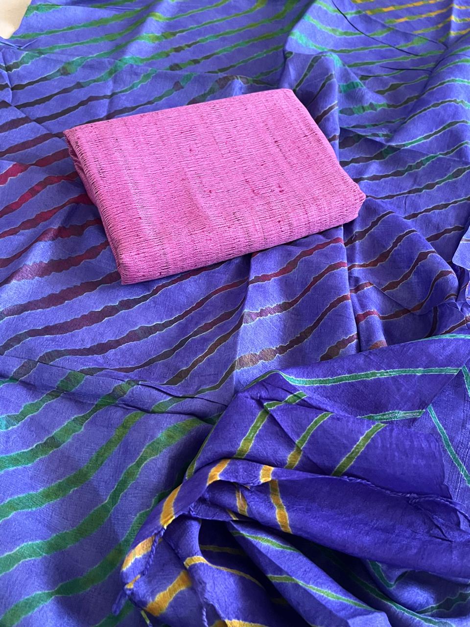 Pure Tussar Silk Soft Leheriya Dupatta with Silk Kurta - Blue