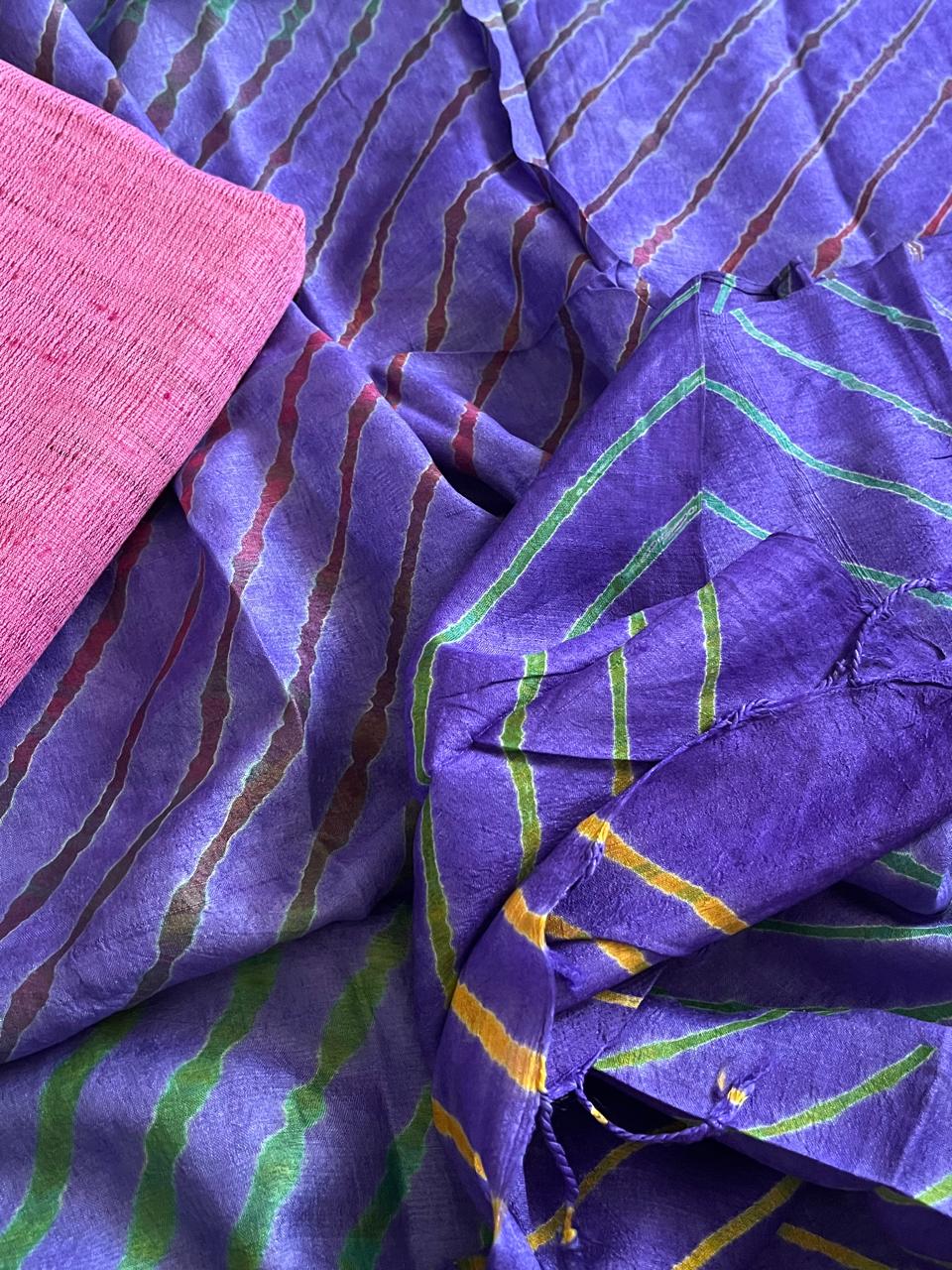 Pure Tussar Silk Soft Leheriya Dupatta with Silk Kurta - Blue