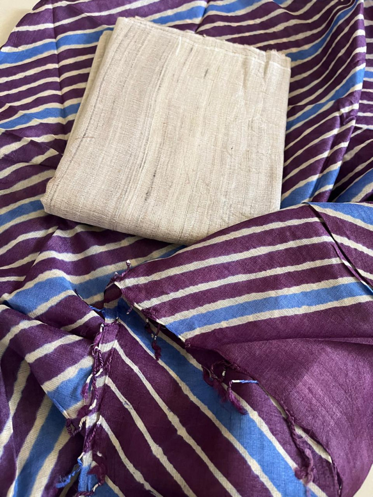 Image of Pure Tussar Silk Soft Leheriya Dupatta with Silk Kurta - Purple