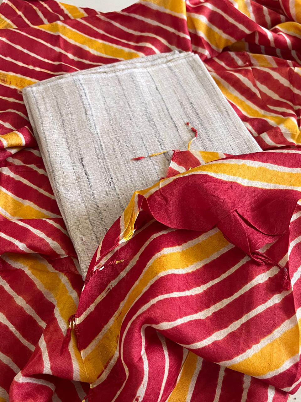 Pure Tussar Silk Soft Leheriya Dupatta with Silk Kurta - Red Yellow