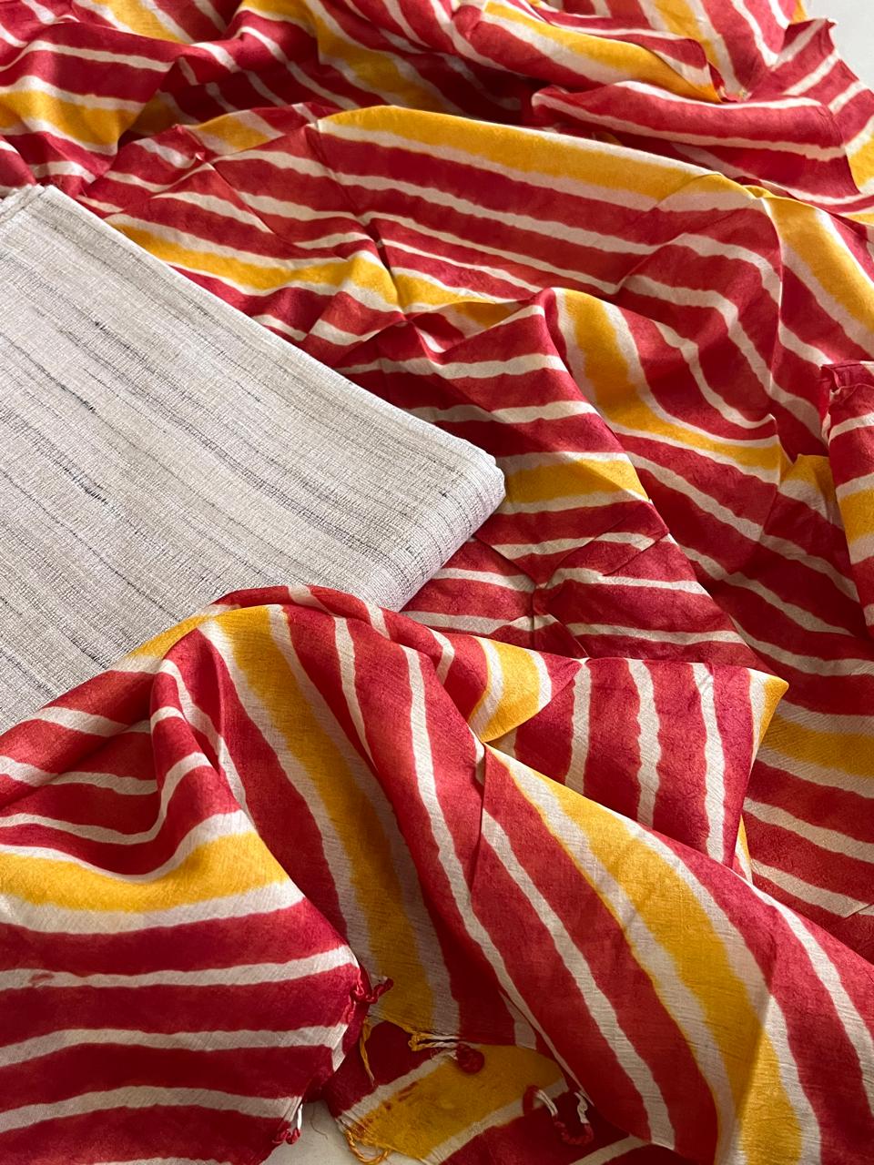 Pure Tussar Silk Soft Leheriya Dupatta with Silk Kurta - Red Yellow