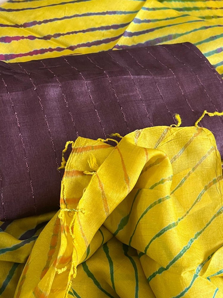 Image of Pure Tussar Silk Soft Leheriya Dupatta with Silk Kurta - Yellow