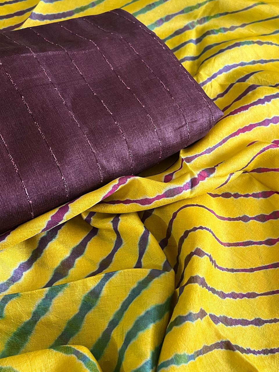 Pure Tussar Silk Soft Leheriya Dupatta with Silk Kurta - Yellow