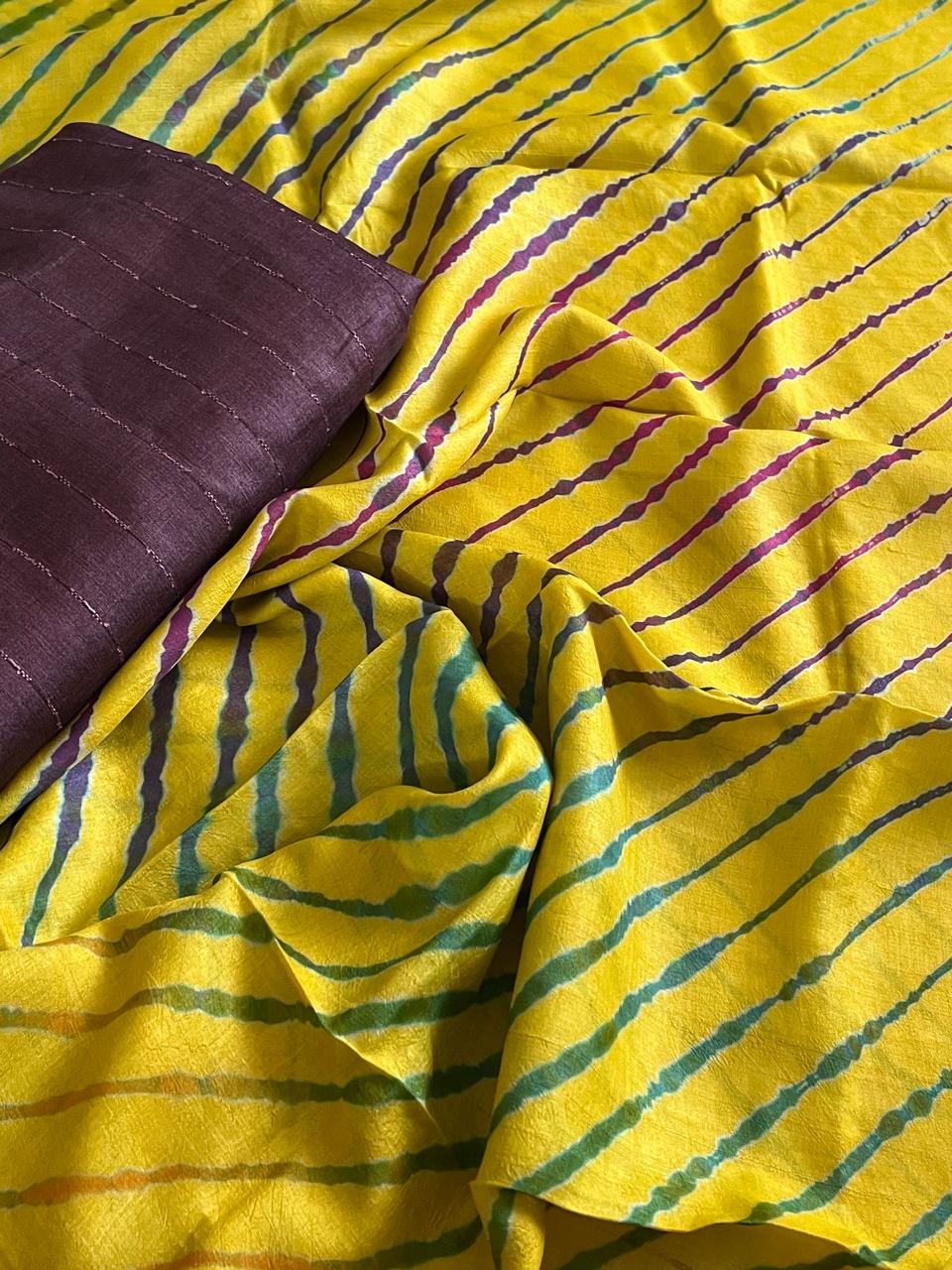 Pure Tussar Silk Soft Leheriya Dupatta with Silk Kurta - Yellow
