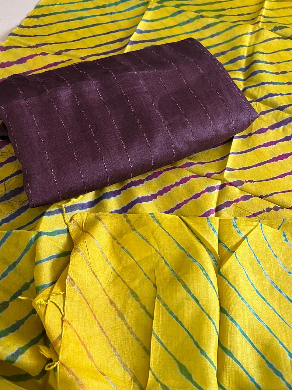 Pure Tussar Silk Soft Leheriya Dupatta with Silk Kurta - Yellow