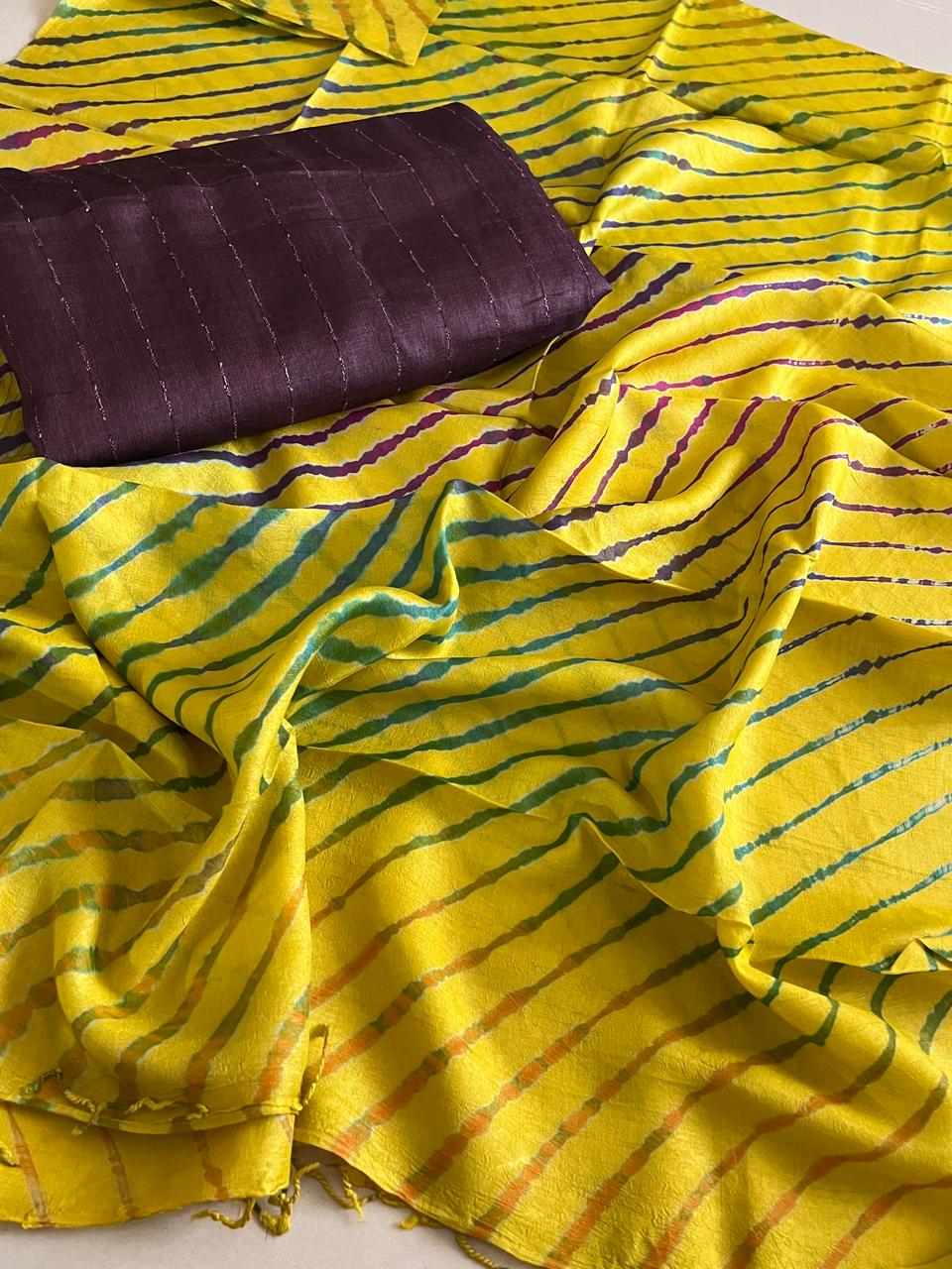 Pure Tussar Silk Soft Leheriya Dupatta with Silk Kurta - Yellow