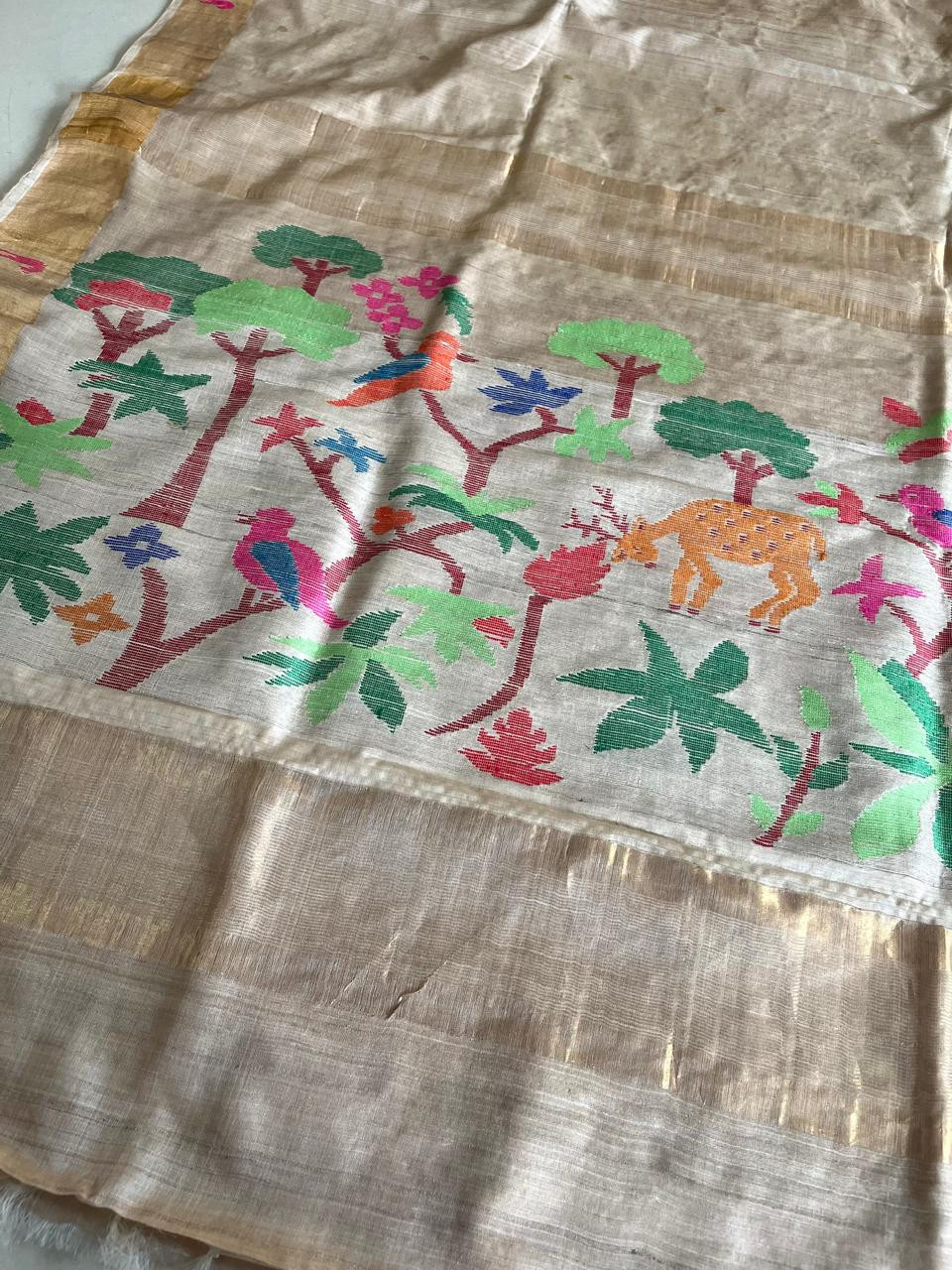 Pure Tussar Handloom Saree with multicolour motifs - Mriga Pushp