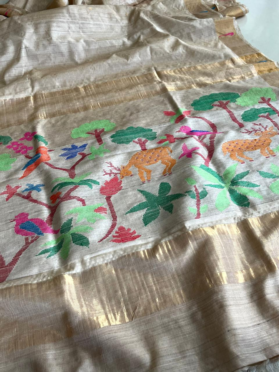 Pure Tussar Handloom Saree with multicolour motifs - Mriga Pushp