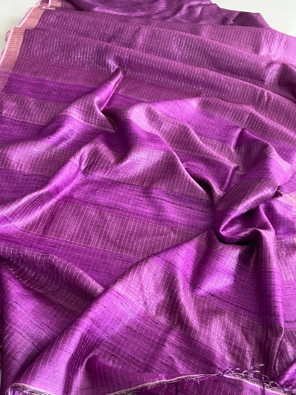 Regal Purple Pure Tussar Silk Saree with Zari Checks and Elegant Border