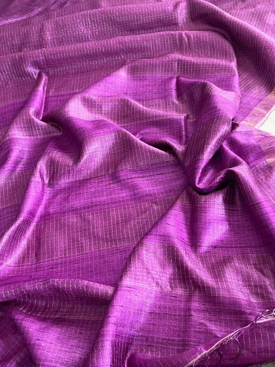Regal Purple Pure Tussar Silk Saree with Zari Checks and Elegant Border