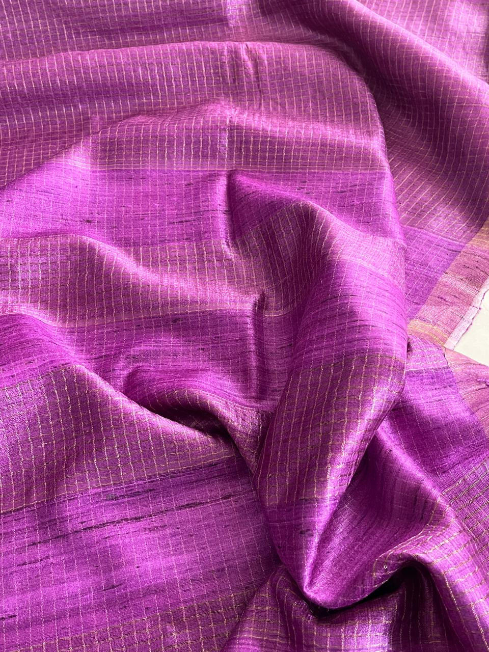 Regal Purple Pure Tussar Silk Saree with Zari Checks and Elegant Border