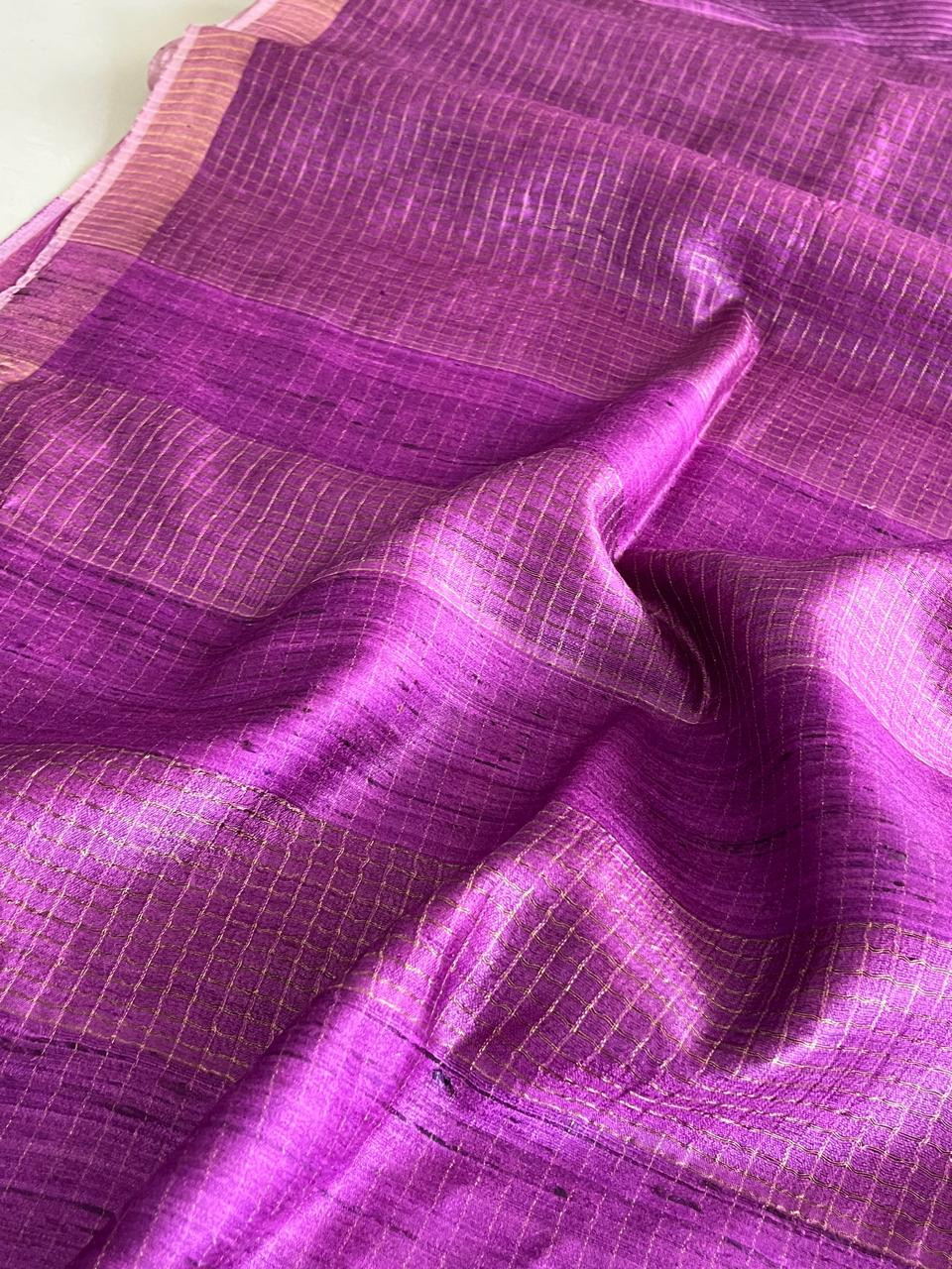 Regal Purple Pure Tussar Silk Saree with Zari Checks and Elegant Border