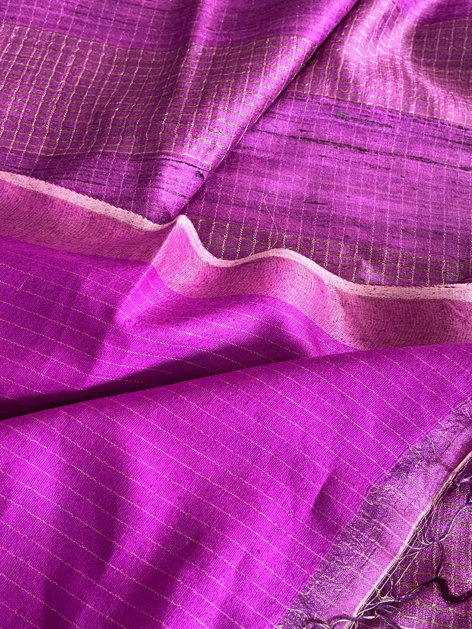 Regal Purple Pure Tussar Silk Saree with Zari Checks and Elegant Border