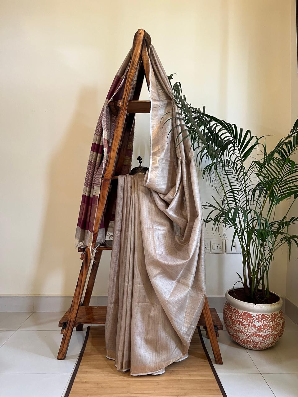 Pure Tussar Silk Handwoven Saree - Beige with Plum Maroon