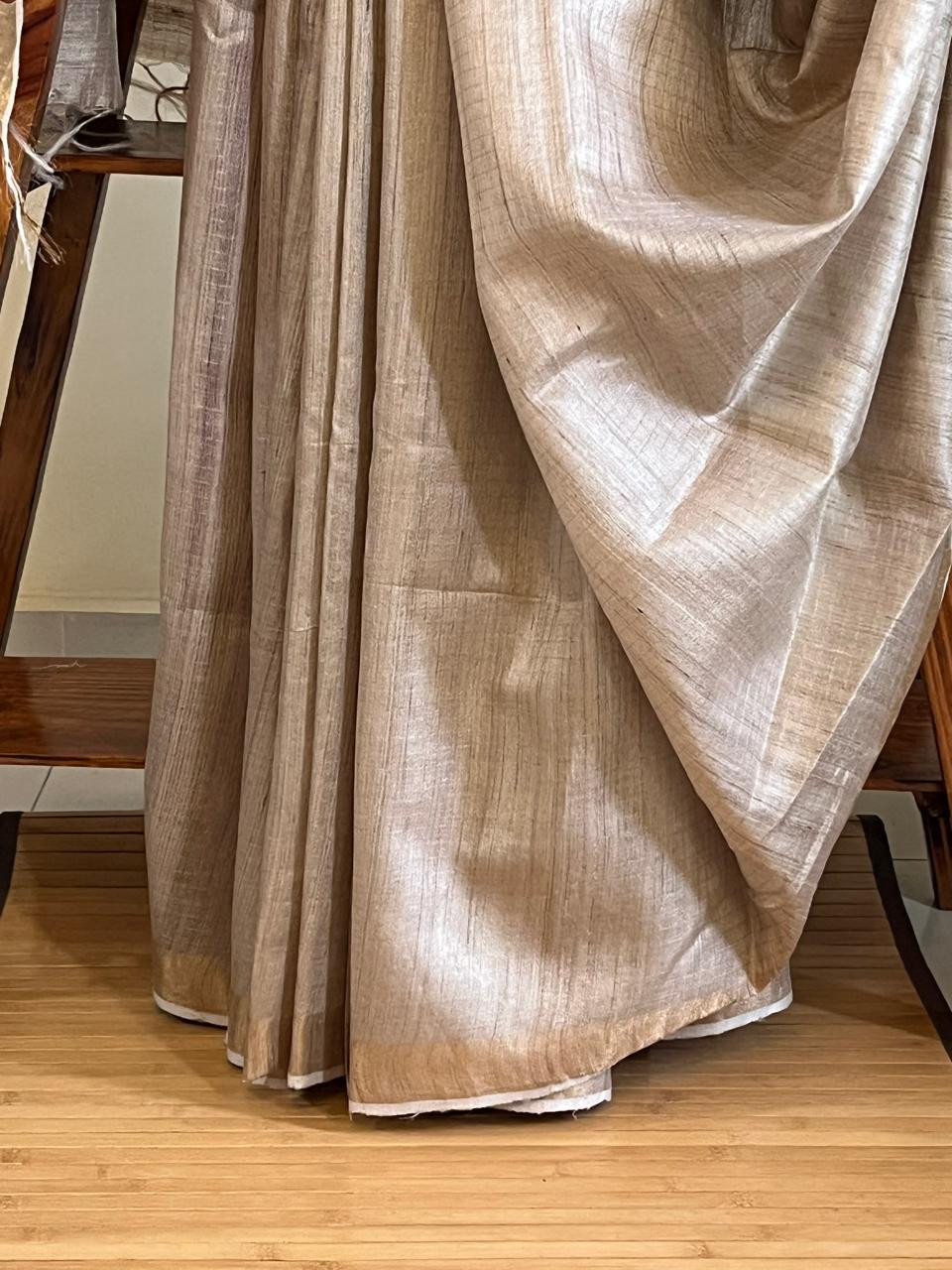 Pure Tussar Silk Handwoven Saree - Beige with Plum Maroon