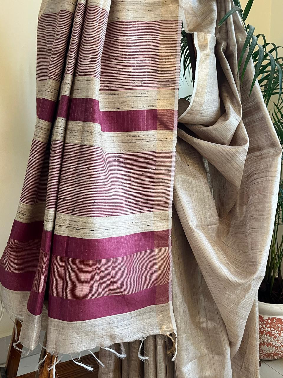 Pure Tussar Silk Handwoven Saree - Beige with Plum Maroon
