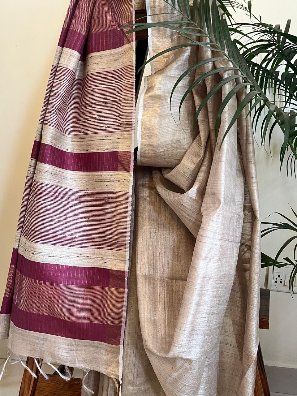 Pure Tussar Silk Handwoven Saree - Beige with Plum Maroon