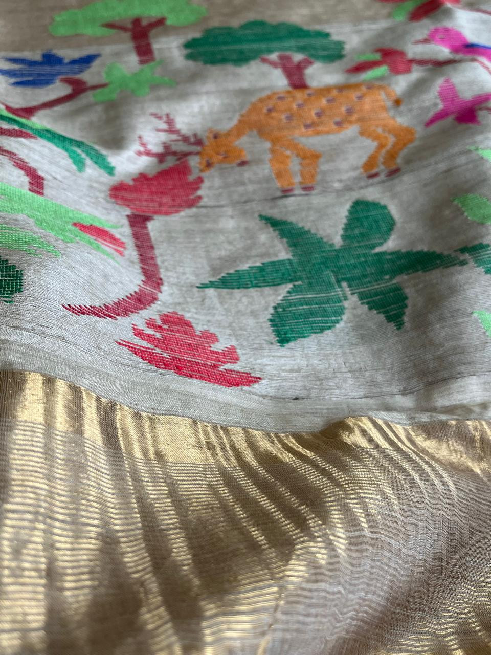 Pure Tussar Handloom Saree with multicolour motifs - Mriga Pushp