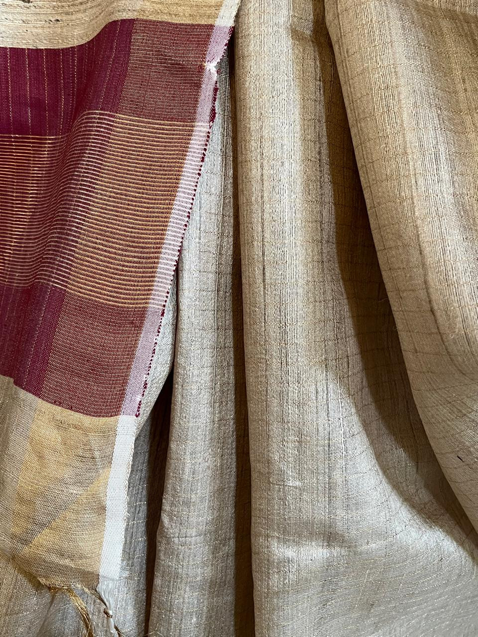 Pure Tussar Silk Handwoven Saree - Beige with Plum Maroon