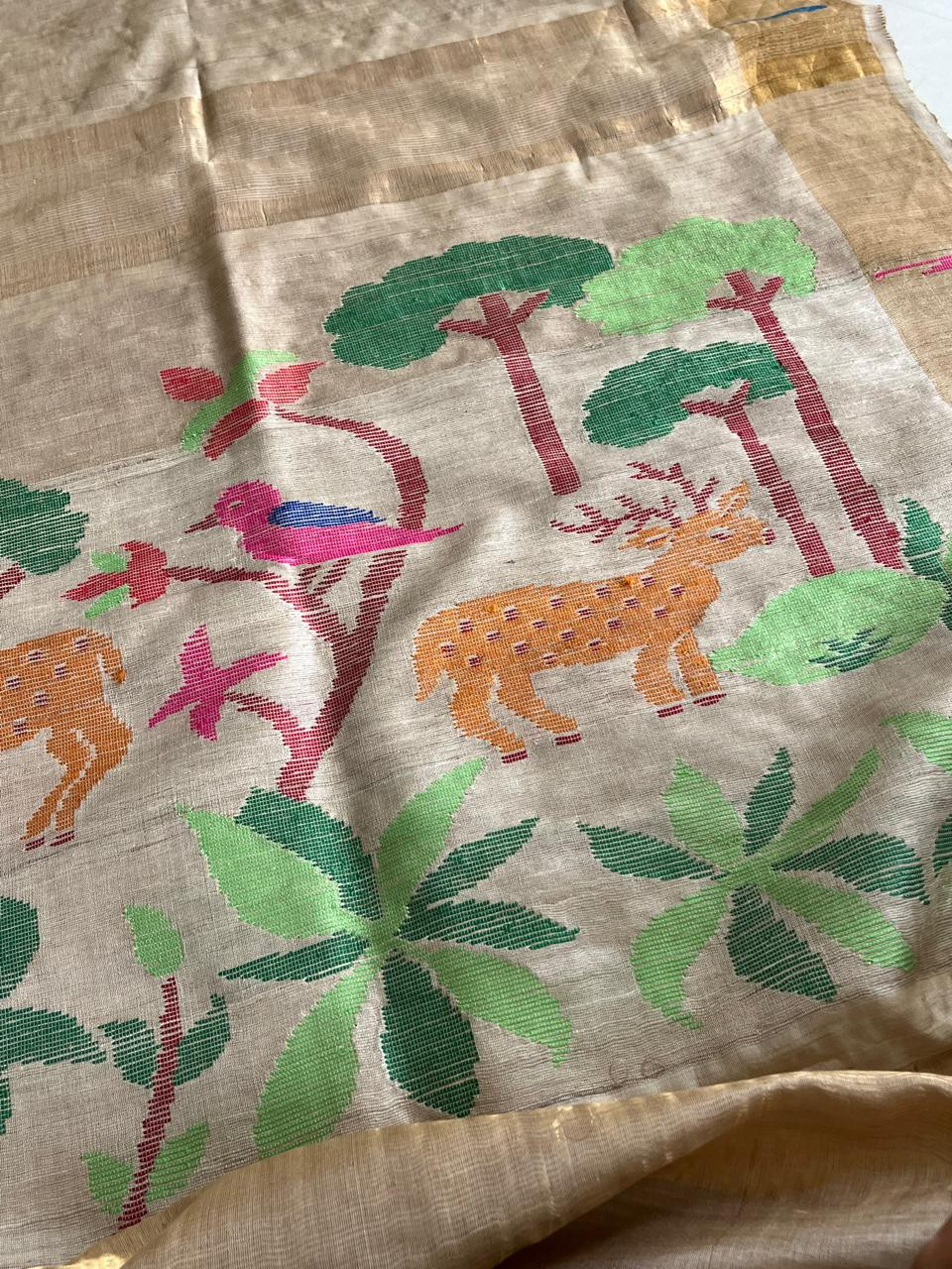 Pure Tussar Handloom Saree with multicolour motifs - Mriga Pushp