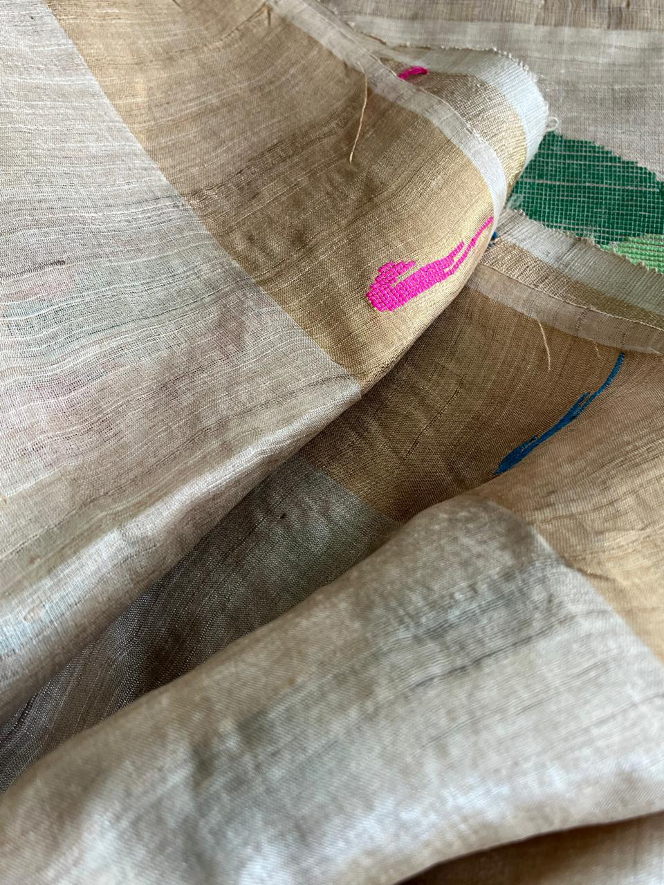 Pure Tussar Handloom Saree with multicolour motifs - Mriga Pushp