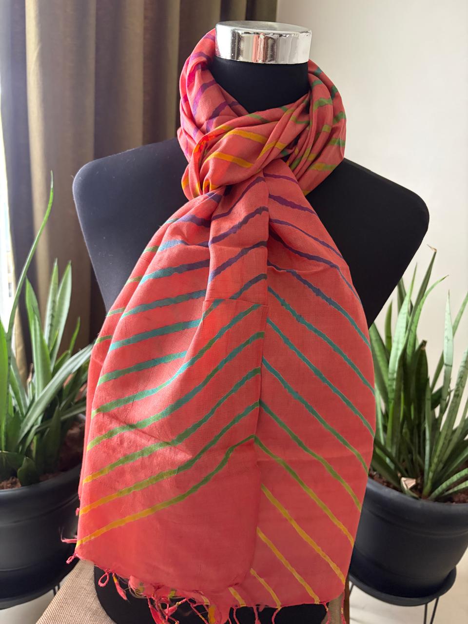 Pure Tussar Silk Leheriya Stole  Handcrafted Rust with Multicolour Stripes