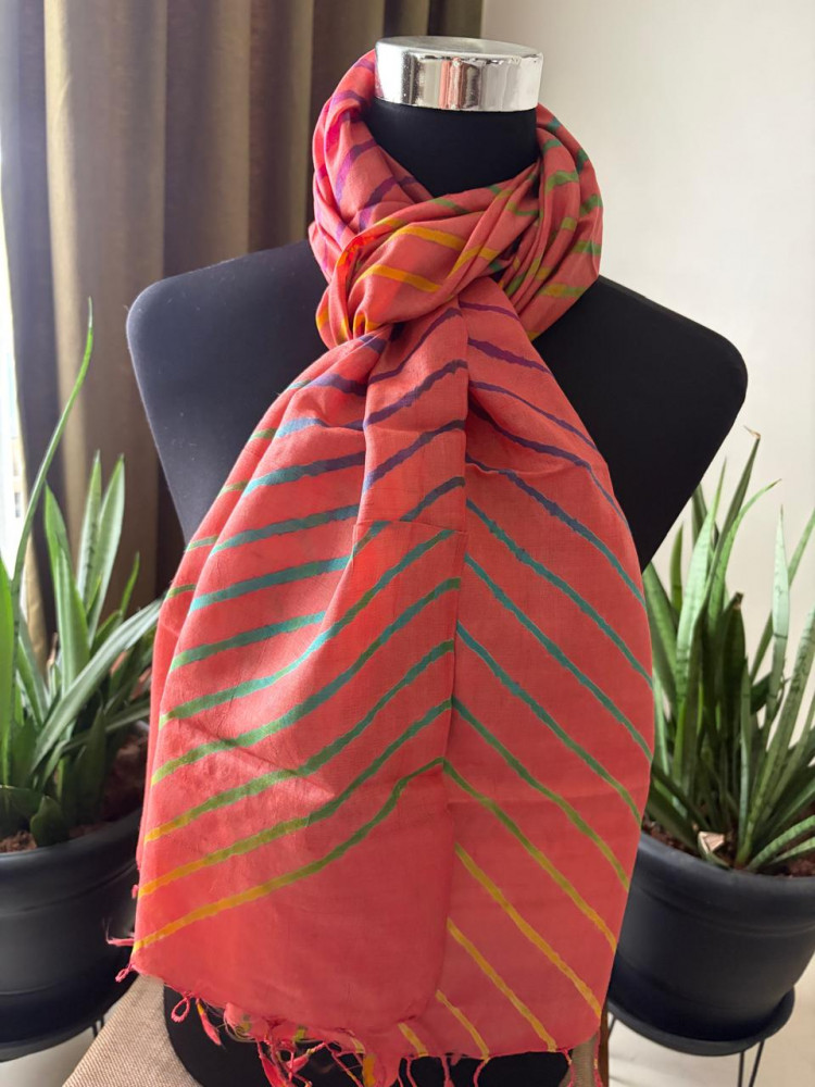 Image of Pure Tussar Silk Leheriya Stole – Handcrafted Rust with Multicolour Stripes