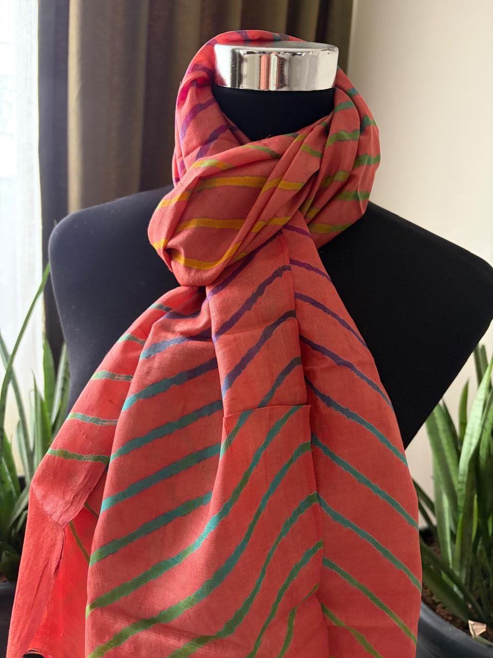 Pure Tussar Silk Leheriya Stole  Handcrafted Rust with Multicolour Stripes