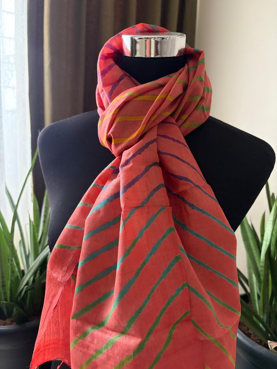 Pure Tussar Silk Leheriya Stole  Handcrafted Rust with Multicolour Stripes