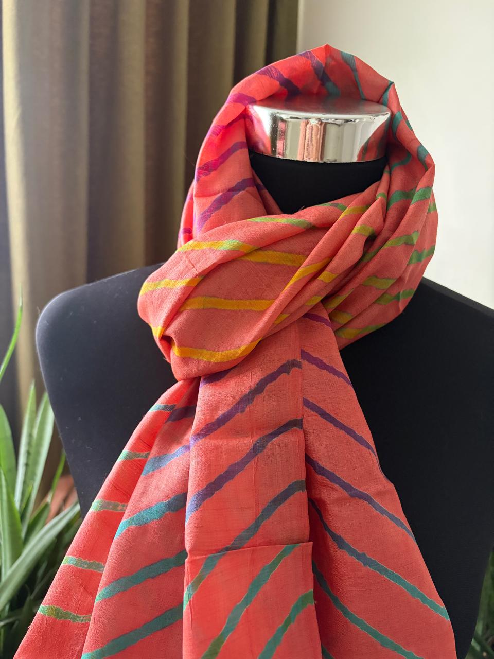 Pure Tussar Silk Leheriya Stole Handcrafted Rust with Multicolour Stripes