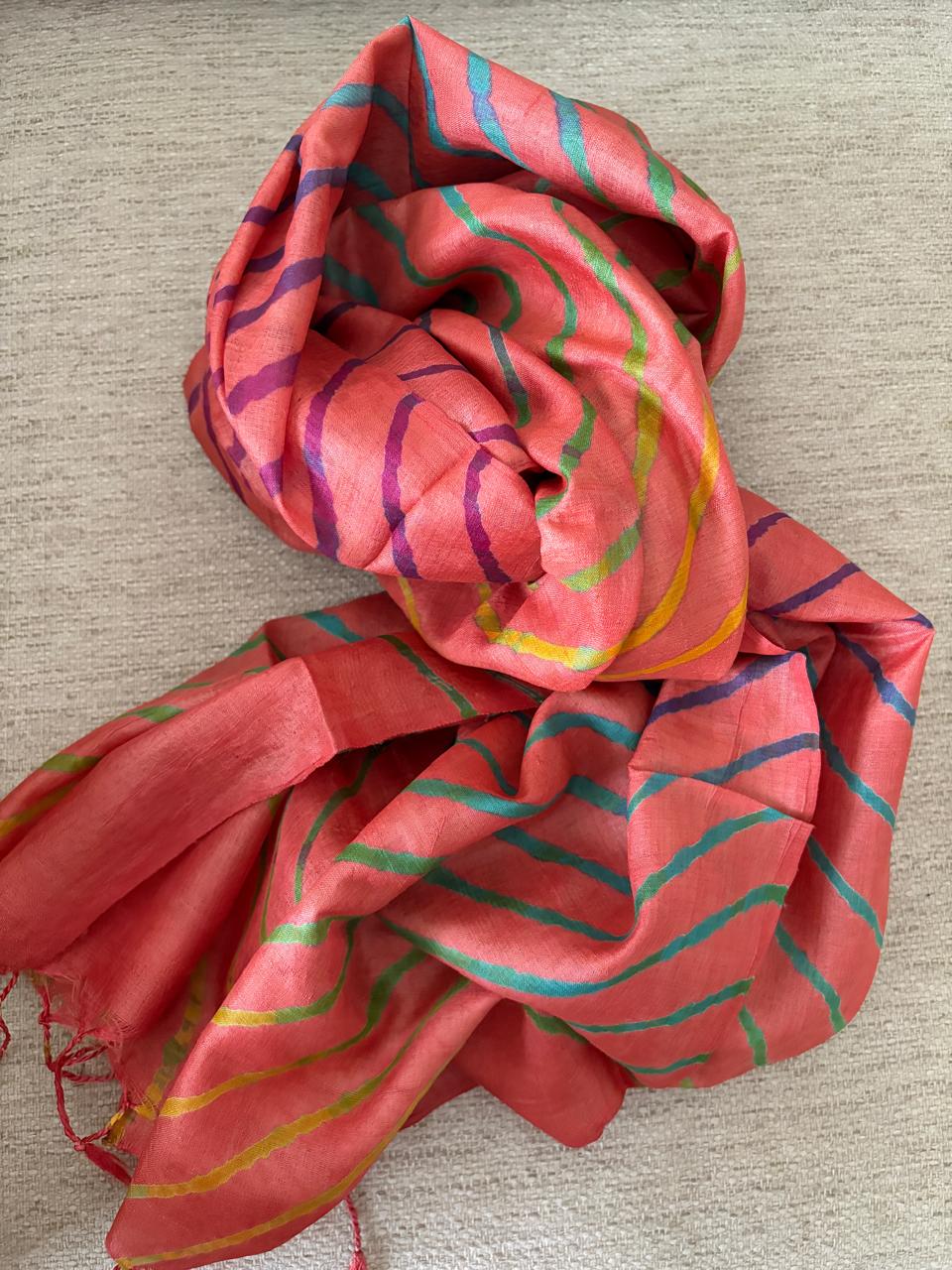 Pure Tussar Silk Leheriya Stole  Handcrafted Rust with Multicolour Stripes