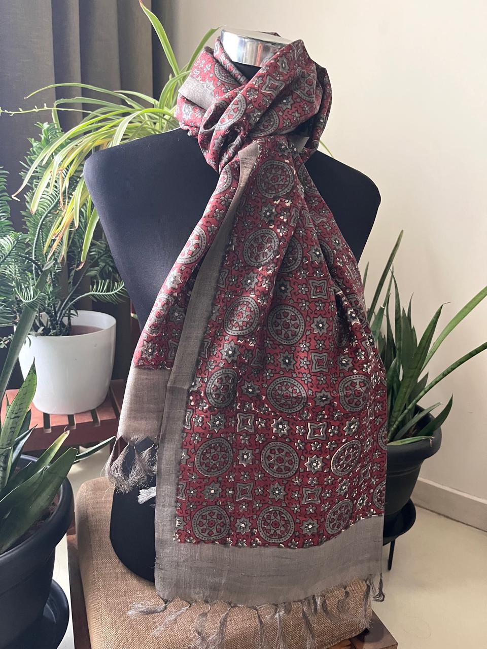 Pure Tussar Silk Handblock Printed Stole