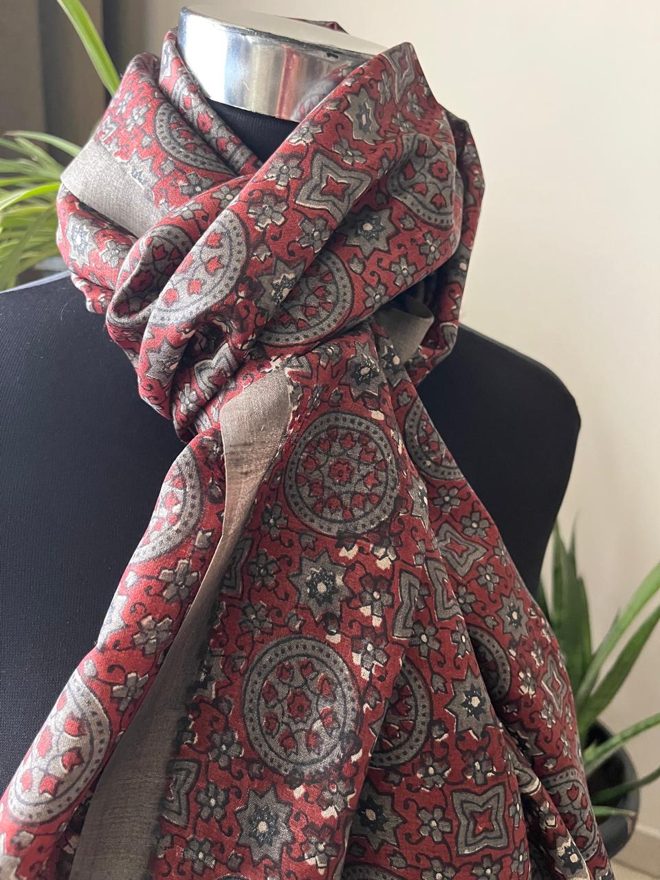 Pure Tussar Silk Handblock Printed Stole
