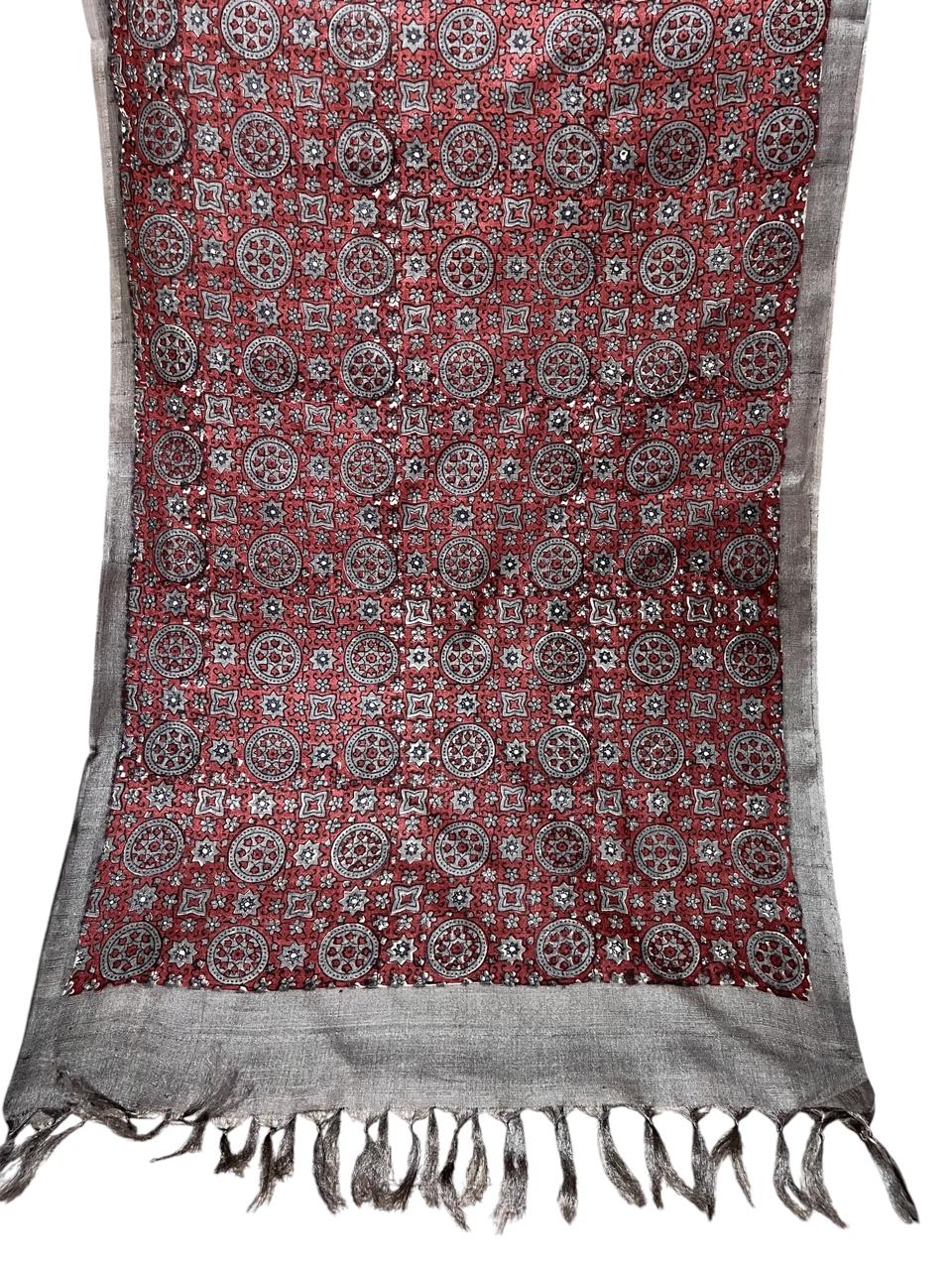 Pure Tussar Silk Handblock Printed Stole