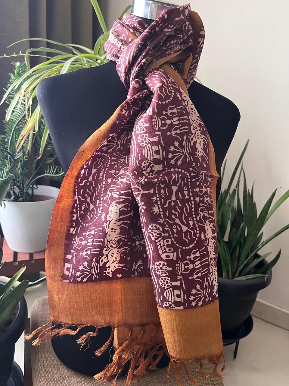Pure Tussar Silk Handblock Printed Stole