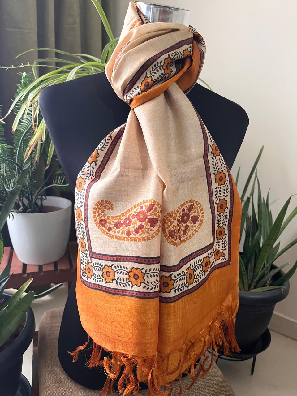 Pure Tussar Silk Handblock Printed Stole