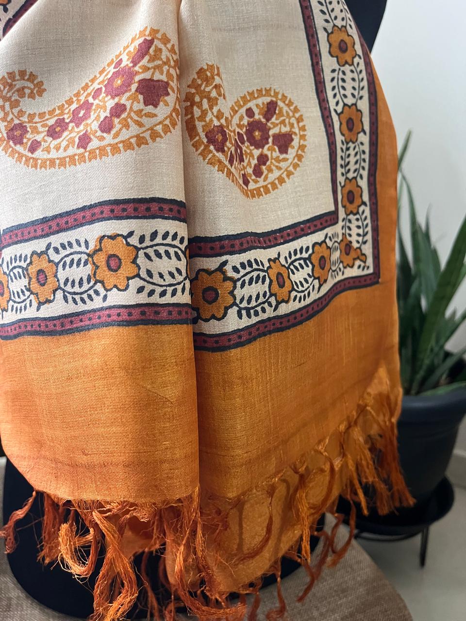 Pure Tussar Silk Handblock Printed Stole