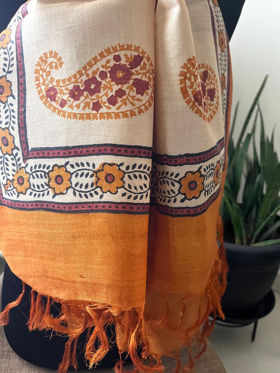 Pure Tussar Silk Handblock Printed Stole