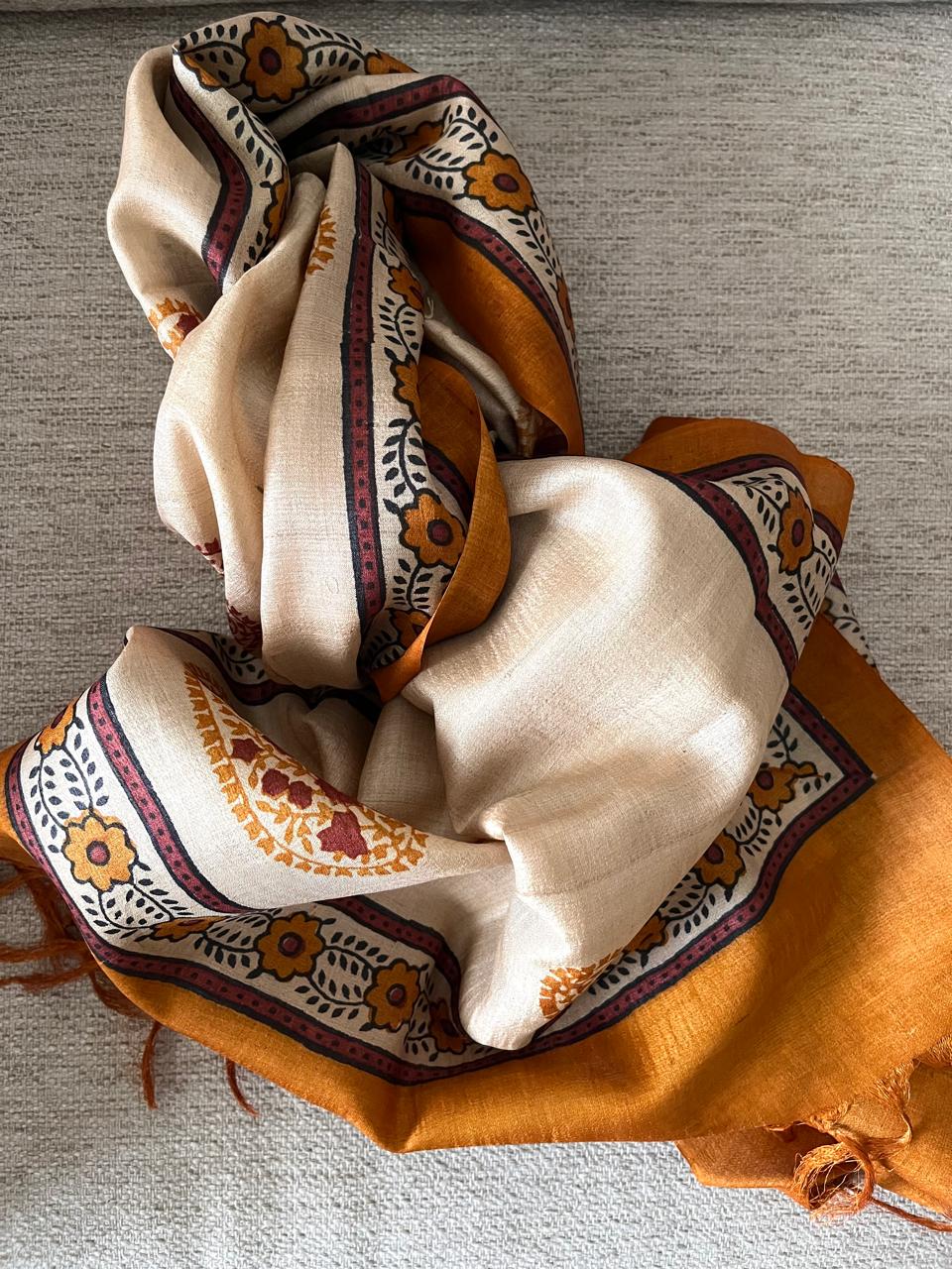 Pure Tussar Silk Handblock Printed Stole
