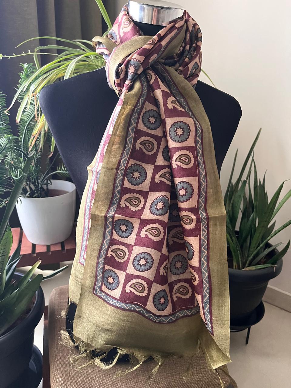 Pure Tussar Silk Handblock Printed Stole