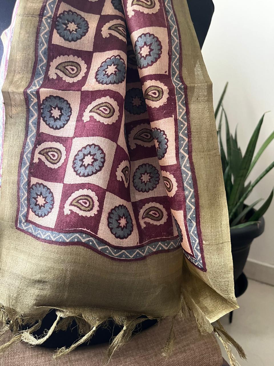 Pure Tussar Silk Handblock Printed Stole