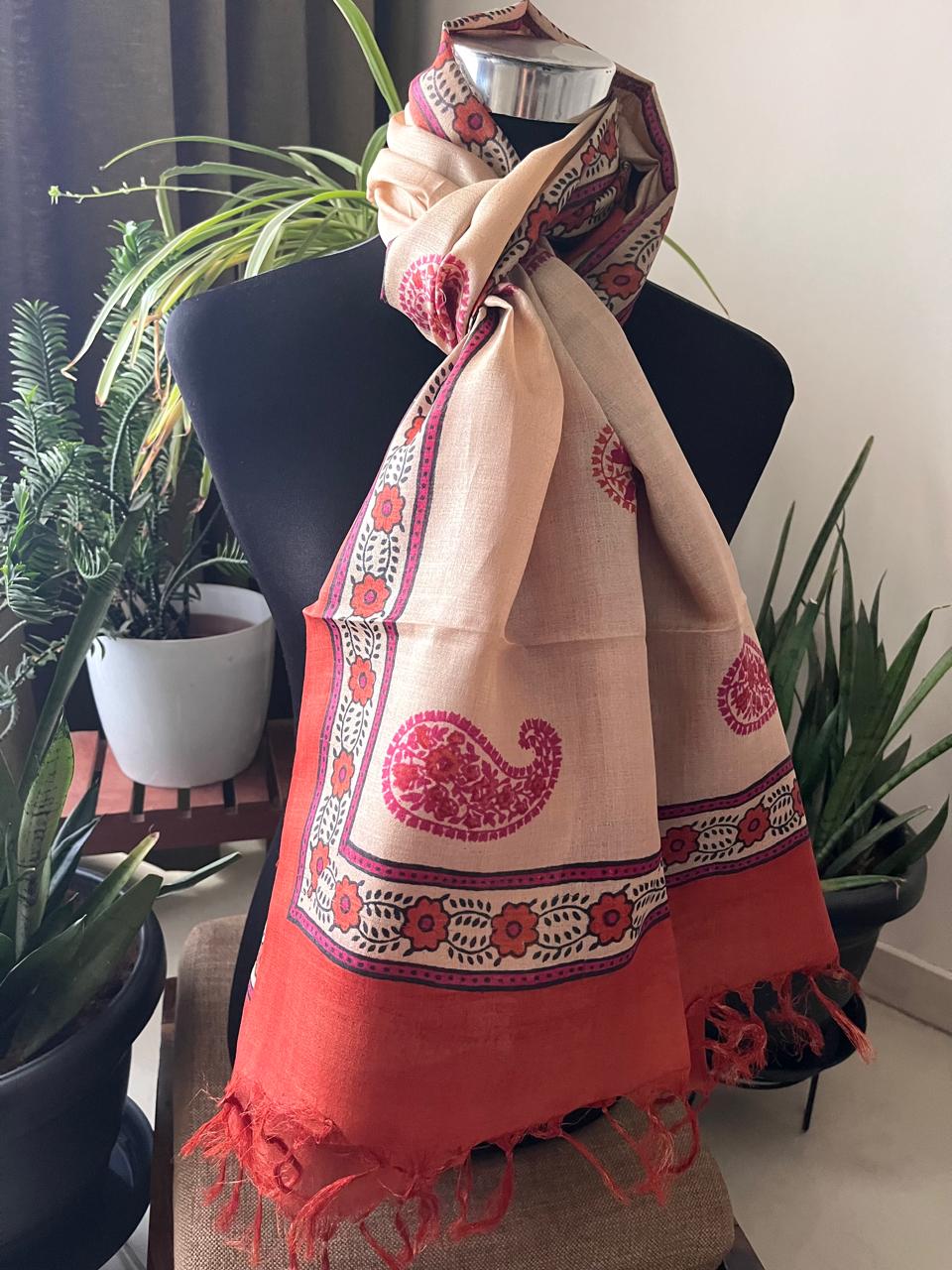 Pure Tussar Silk Handblock Printed Stole